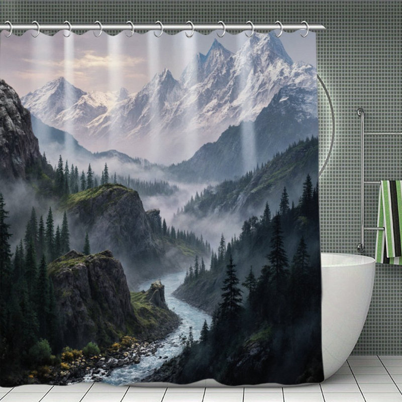 Mountain Landscape Shower Curtains, 71 × 71, Green/Black/White Mountain Landscape