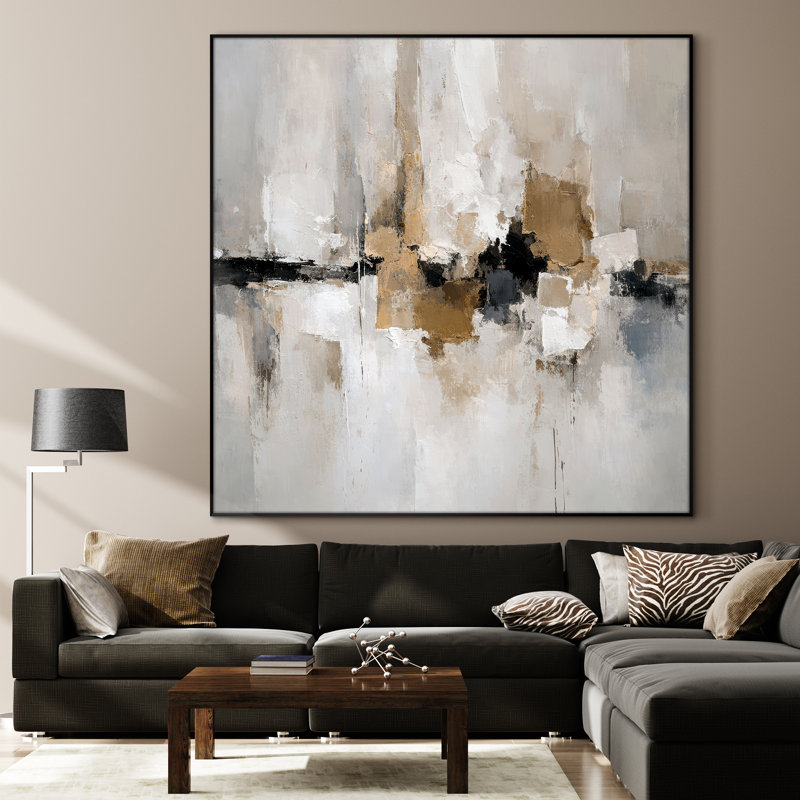 Très grand art mural imprimé sur toile - Horizon neutre abstrait doré, décor de salon contemporain - "Assemblage requis (cadre non fini)"