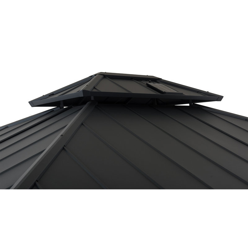 10x12 Black Aluminum and Steel Hardtop Gazebo with Solar Panel and Netting