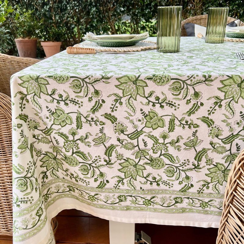 Green Chintz Tablecloth, 70" D x 108" L
