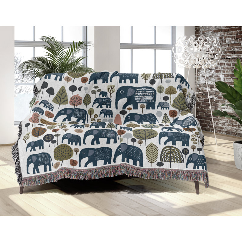 Jeté en mélange de coton Alfie Elephant, L 60 po x l 60 po, Bleu / Blanc cassé
