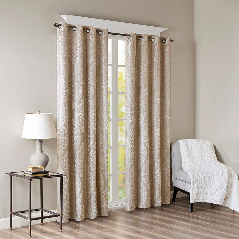 Knitted Jacquard Damask Total Blackout Grommet Top Curtain Panel(Only 1 Pc Panel), Champagne, 50" W x 108" L