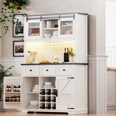 71" Farmhosue Pantry Bar Cabinet With Internal Storage Rack,Kitchen Cabinet With Hutch,Sliding Door,Power Outlet,Pegboard,Wine & Glasses Rack,3 Drawer