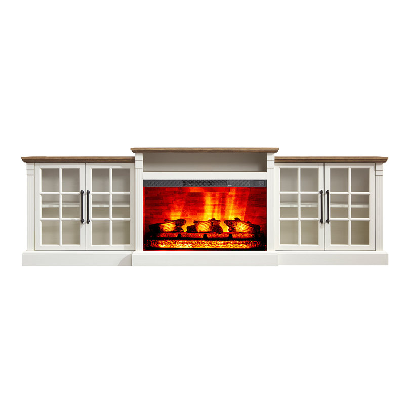 Meuble télé de style ferme avec foyer, 246 cm de large, pour téléviseurs jusqu'à 224 cm, blanc/chêne