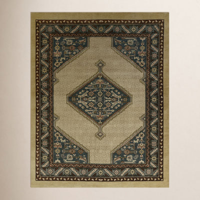 Blue Beige Hand-Knotted Wool Oriental Rug