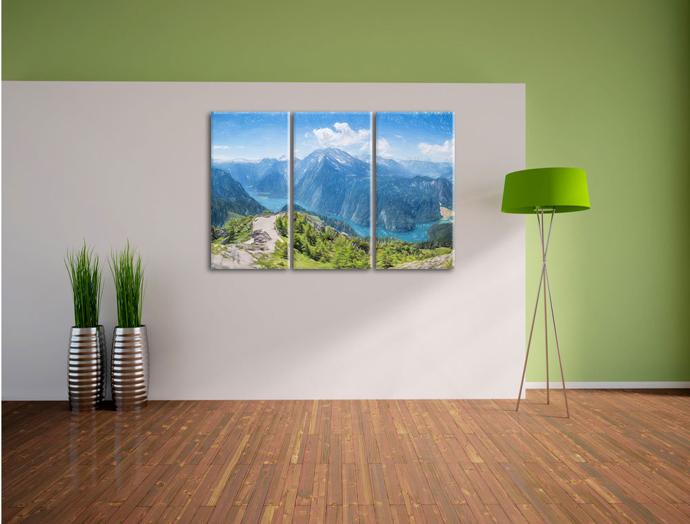 3-tlg. Leinwandbilder-Set „Blick vom Berg über dem Königssee in Bayern“, Grafikdruck