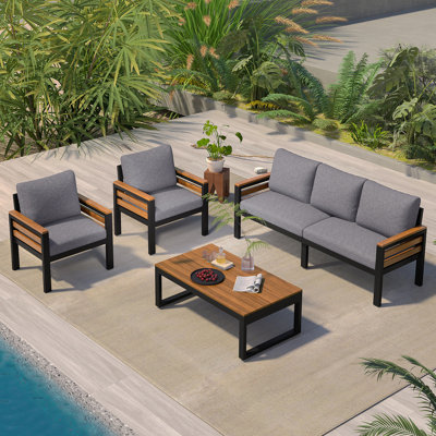 Ensemble de canapé d'extérieur pour 5 personnes avec accoudoirs en bois d'acacia, ensemble de conversation avec coussin amovible et table basse en bois massif pour le jardin et la cour, GO