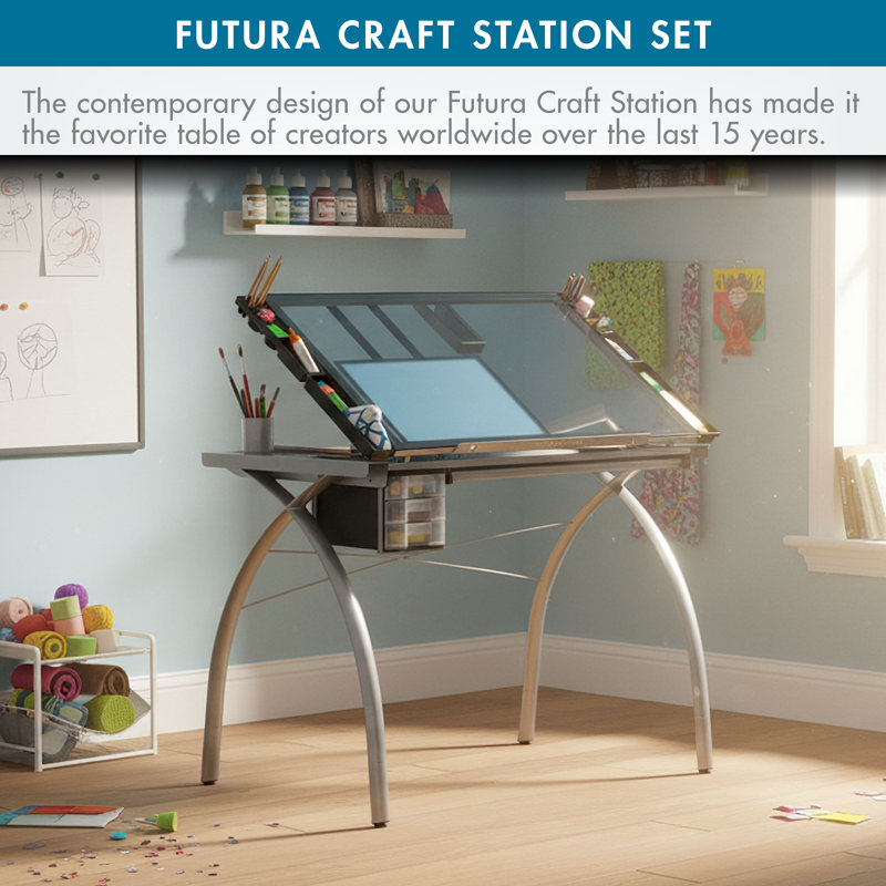 Futura Deluxe Drafting Table With Light Pad Support Bars & Drafting Height Leg Extensions, Silver / Blue Glass