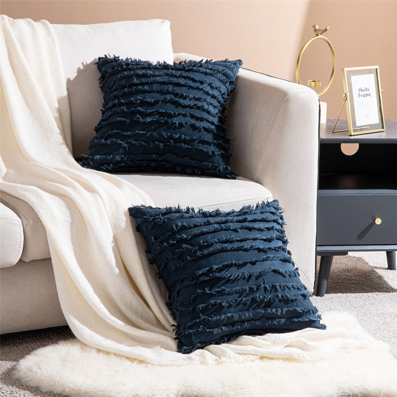 Navy Cotton Polyester Euro Tassel Pillow Covers Set of 2