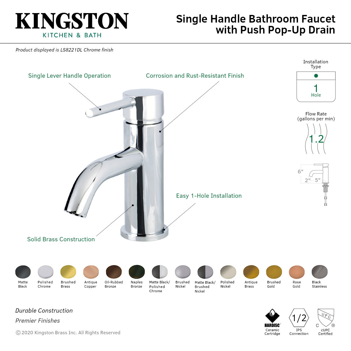 Kingston Brass Concord Single-Handle 1-Hole Deck Mount Bathroom Faucet with Push Pop-Up, Oil Rubbed Bronze