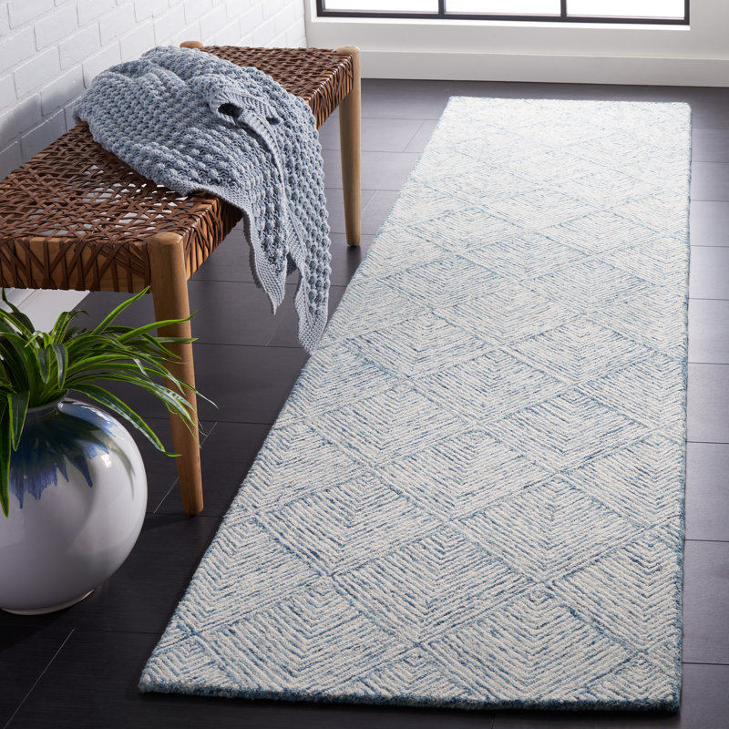 Tapis bleu / ivoire en laine / coton touffeté à la main Braelyne, Tapis de couloir 2 pi 3 po x 9 pi