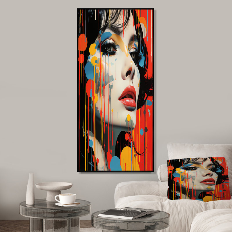 Encre liquide, portrait de femme graffiti III - mode femme, art sur toile, Cadre flottant noir, H 32 po x l 24 po x P 1 po