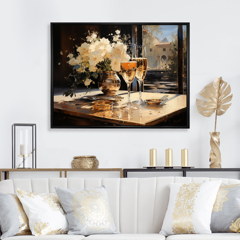 Champagne Blooms Bubbles And Bliss I - Champagne, art mural, Cadre flottant noir, H 34 po x l 44 po x P 1,5 po