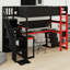 Lit mezzanine innovant avec bureau, tablettes, panneau perforé et escalier de rangement-533127786-533127787