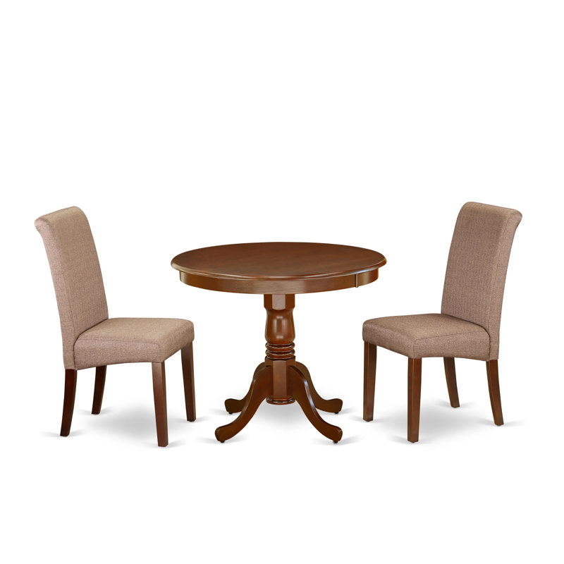 3 Piece Dinette Set for Small Spaces Contains a Round Kitchen Table with Pedestal and 2 Light Brown Linen Fabric Parson Dining Chairs, Mahogany
