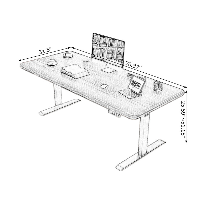 Nut-Brown Rectangular Hight adjustable Solid Wood desk, 51.18" H x 70.87" W x 31.5" D
