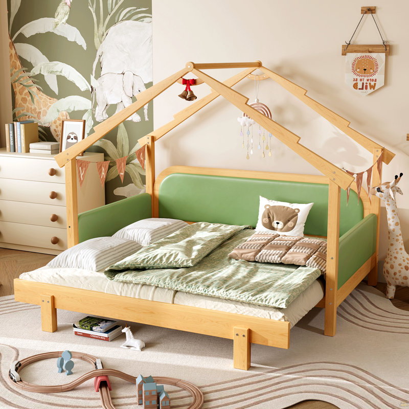 Lit simple en bois dans une cabane dans un arbre avec rails à coussin souple, pour enfants, adolescents, filles, garçons, vert