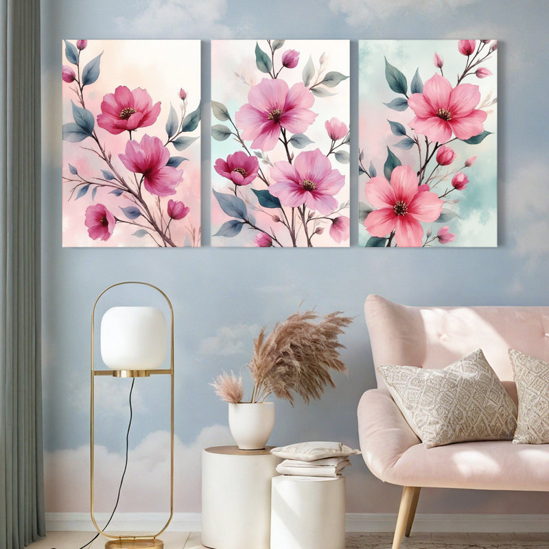 Toiles murales à motifs floraux roses (lot de 3), H 36 po x l 72 po