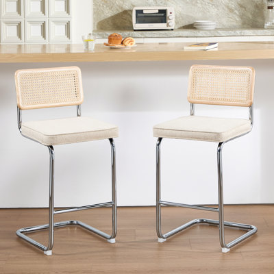 Crumley Upholstered 26" Linen Counter Stool with Rattan Cane Back and Metal Frame