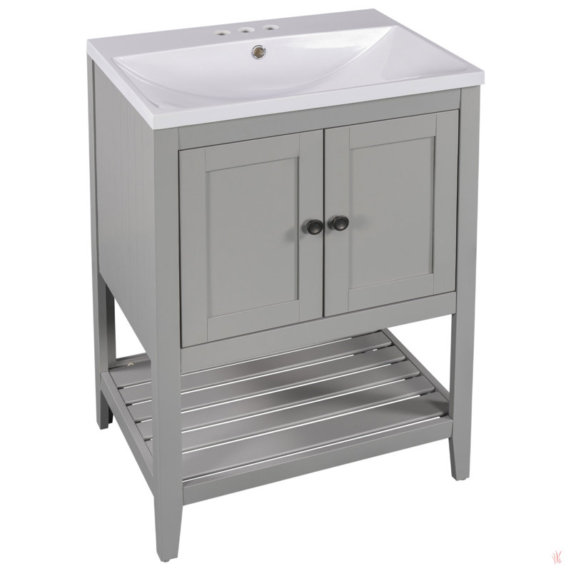 Lavabo de salle de bain moderne élégant en céramique 24 po avec tablette ouverte en bois massif, Gris