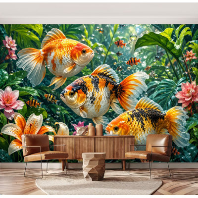Papier peint adhésif peler et coller poisson rouge coloré Fleurs tropicales Scène sous-marine Papier autocollant amovible de contact mural pour le salon Chambre à coucher H 69 po x l 96 po