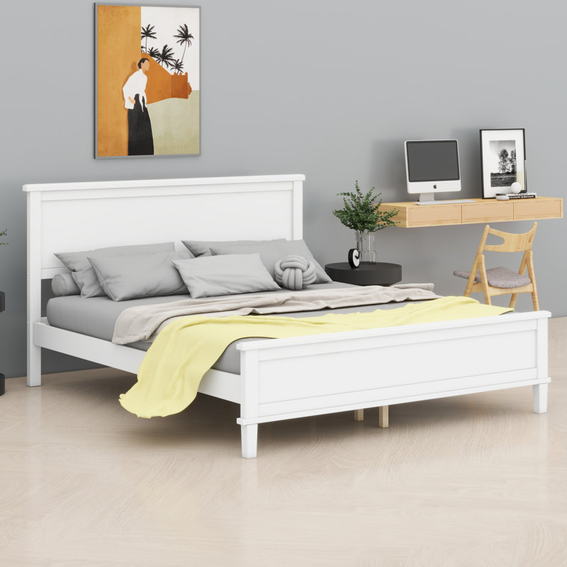Base de lit plateforme en bois rustique avec tête de lit et support à lattes stable, Blanc, Grand lit