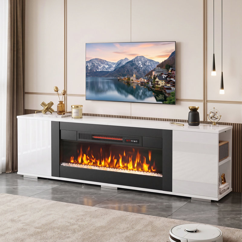 Meuble télé de 70 po avec foyer électrique, console télé avec flamme 3D de 36 po, chauffage 1500 W, étagères réglables et placards de rangement, compatible avec les téléviseurs jusqu'à 75 pouces, blanc