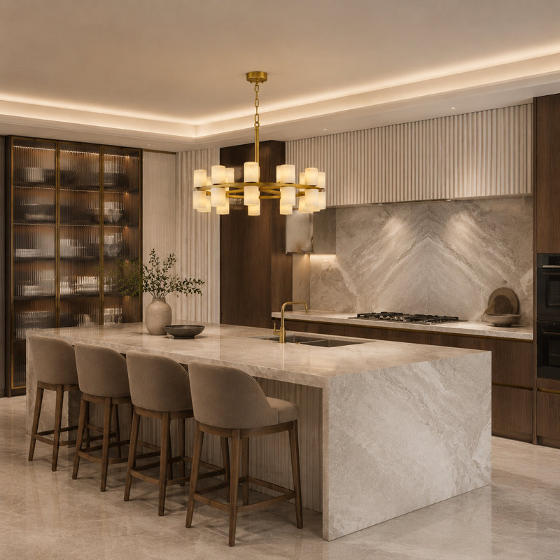 23.6" Round Kitchen Island  Alabaster Gold Chandelier, 6.3" H x 23.6" W x 23.6" D, Gold, 24 Lights