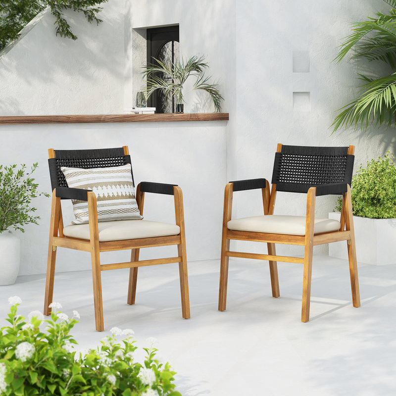 Ensemble de chaises d'extérieur en bois d'acacia avec dossier tissé en corde pour une assise durable et confortable, Noir