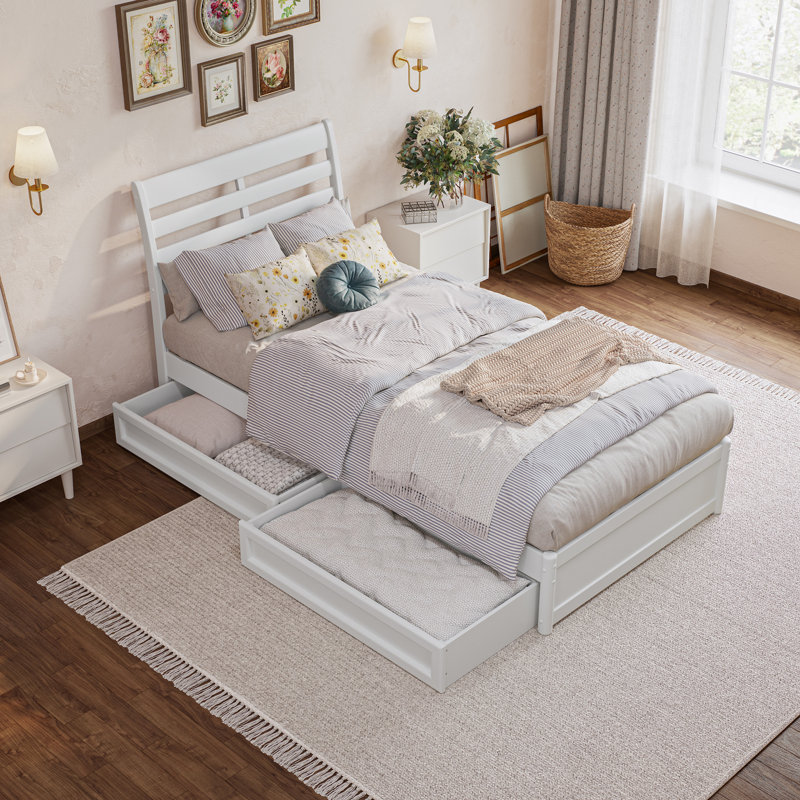 Lamareon Solid Wood Storage Platform Bed with Footboard & Under Bed Drawers, Twin XL, White