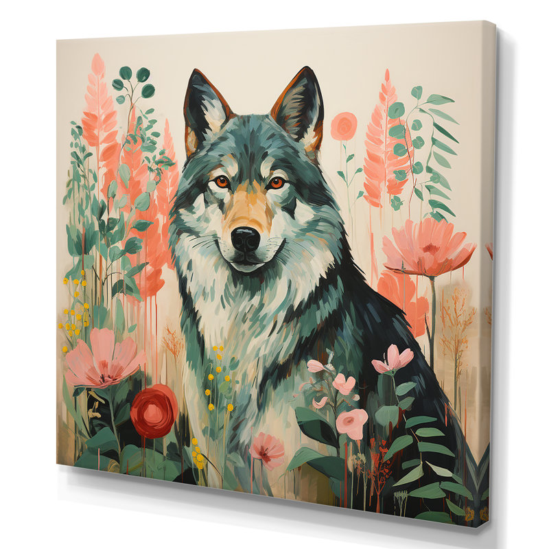 Portrait de loup bohémien rose et vert II - loup, art mural, Toile tendue, H 30 po x l 30 po x P 1,5 po
