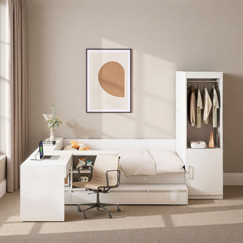 Lit plateforme en bois avec 6 tiroirs, tablettes, bureau et garde-robe, White