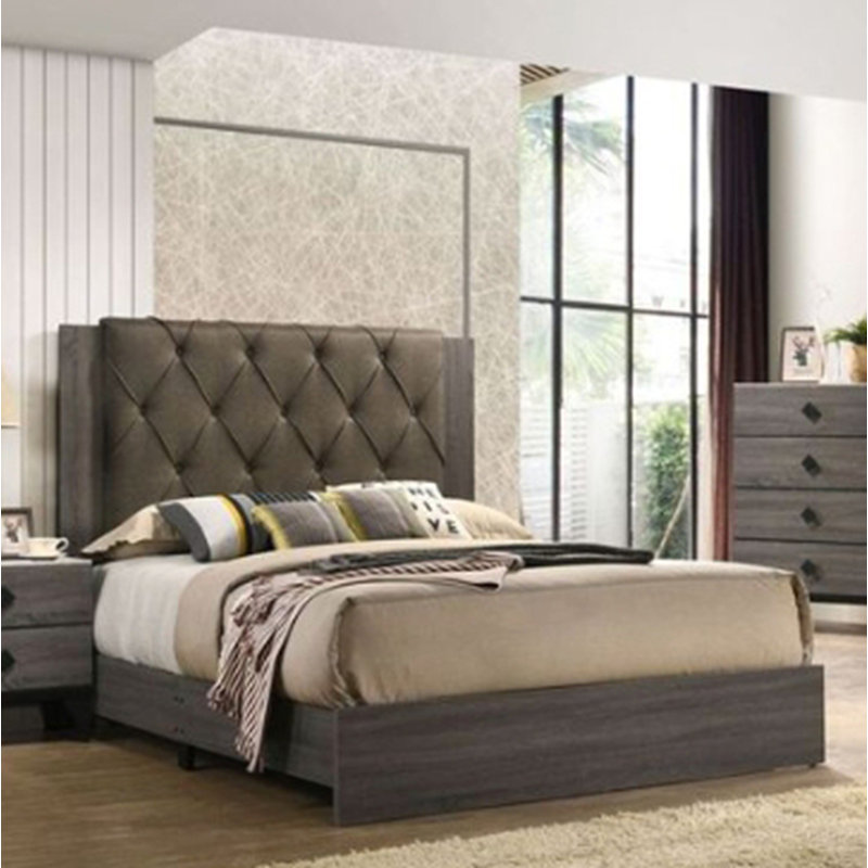 Lit EK Avantika en tissu et finition chêne gris rustique