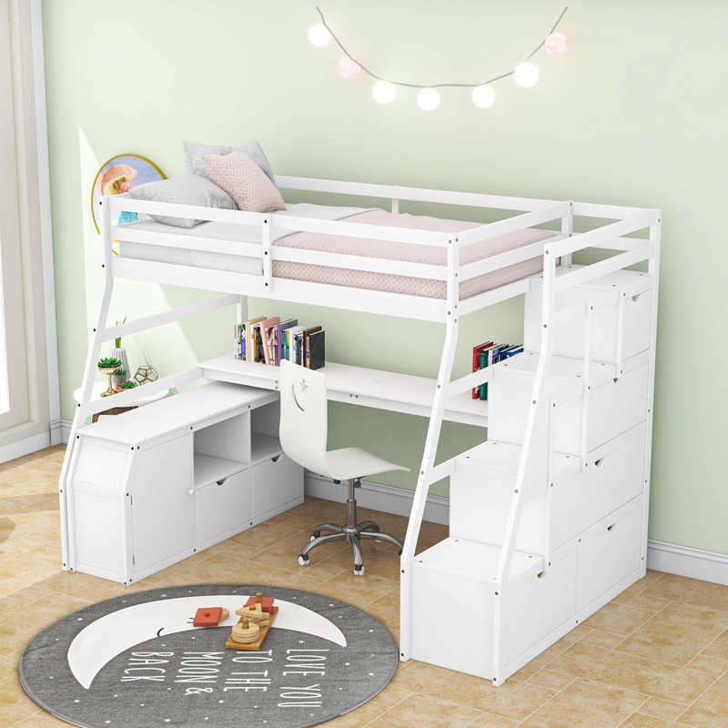 Lit mezzanine 7 tiroirs avec bureau Giannis, Blanc