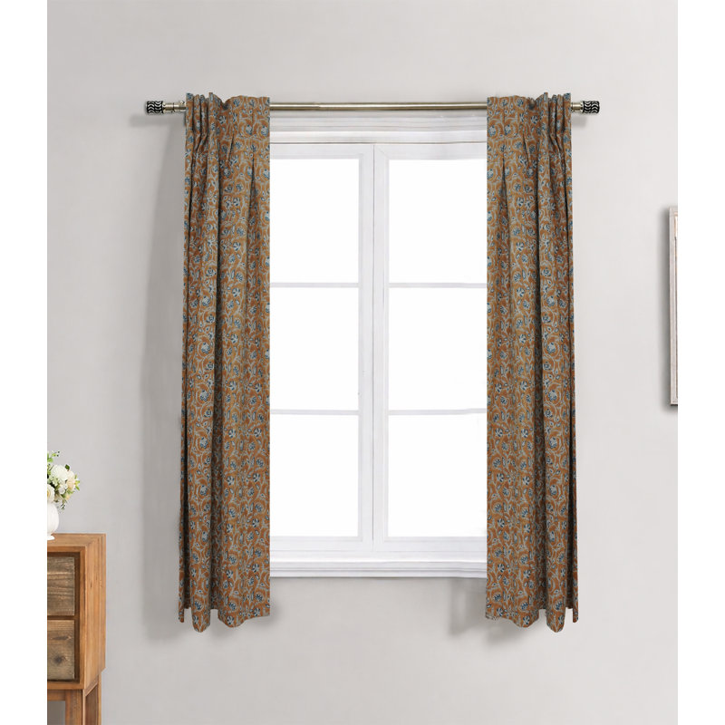 Natural Handcrafted Pleated Curtain – Saraswati Brown,Blue Lien Block Print, Light Filtering Window Drapes, 27" W X 89" L
