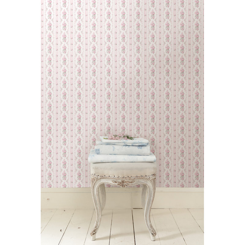 Papier peint à rayures et à fleurs Dreamy Days Parfait, Rose, L 20,5 po x L 246 po, Peler et coller