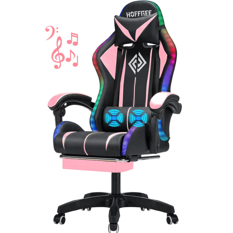 Hoffree LED Ergonomic Gaming Chair with Bluetooth Speakers and Vibration Lumbar Pillow, Pink/Black