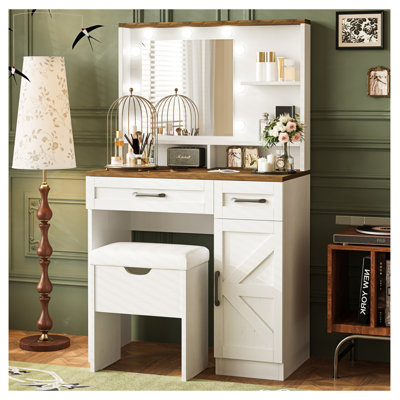 Meuble-lavabo de ferme avec miroir et lumières, 3 modes d'éclairage, ensemble de coiffeuse avec tabouret, coiffeuse avec tablettes réglables, 2 tiroirs et armoire latérale pour la chambre à coucher, blanc