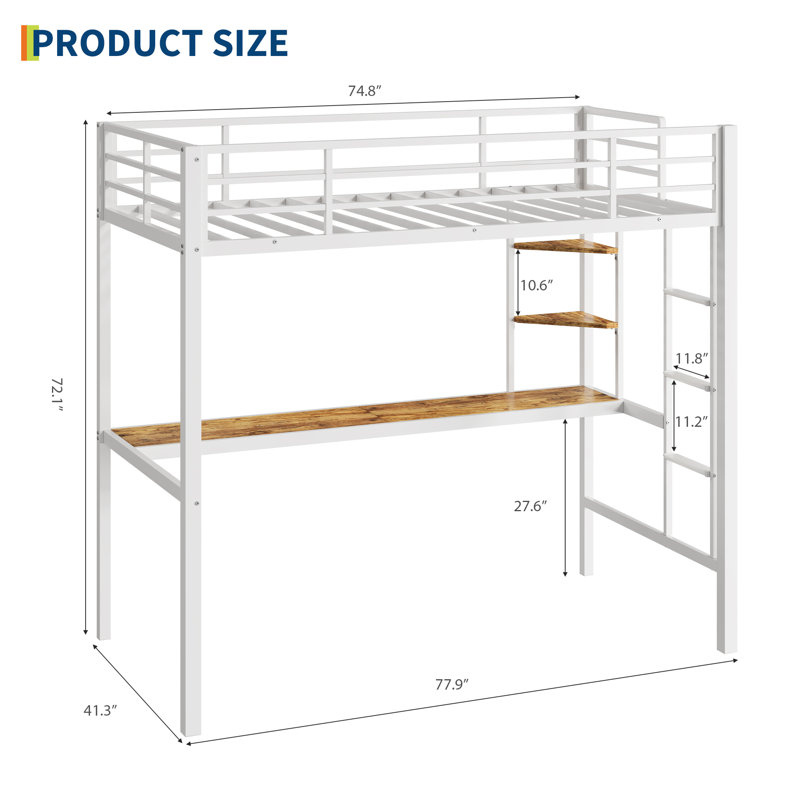 Lit mezzanine simple en métal avec poste de travail intégré et tablettes de rangement à 2 niveaux, garde-corps pleine longueur et échelle antidérapante, structure en acier robuste pour appartement d'étudiants, aucun sommier