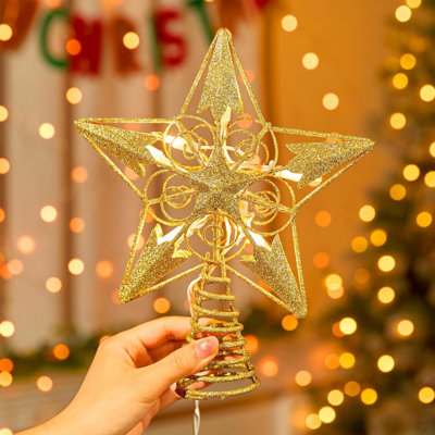Christmas Star Tree Topper, Plug In 3D Star Tree Topper, 8" Glittered Metal Hollow Designed Built-In 10 Bulbs String Lights For Christmas Tree Decorations