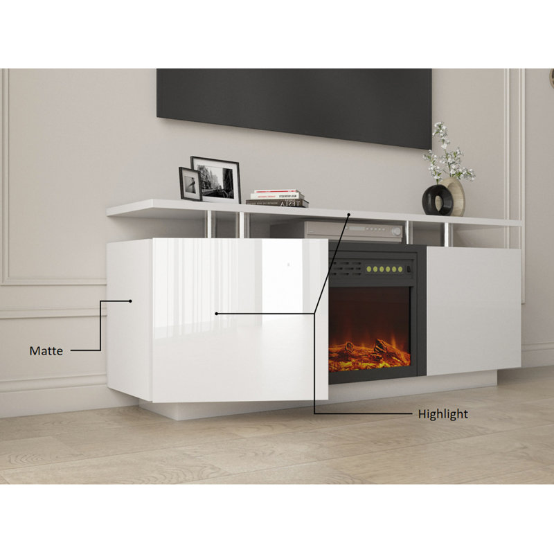 Meuble télé 160 cm ultrabrillant avec foyer, avec changement de couleur de chaleur et de flamme