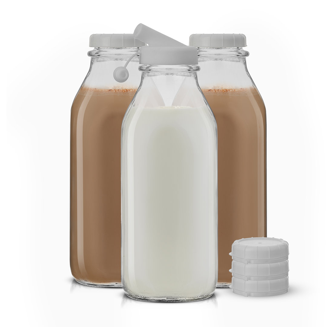 JoyJolt Reusable Glass Milk Bottle with Lid & Pourer (Set of 3) JoyJolt