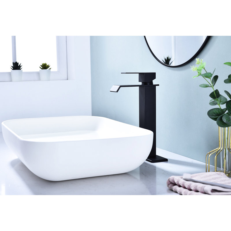 & Bathroom Sink Faucet, Waterfall Spout, Single Lever, Matte Black Stainless Steel, 1.2 Gpm Water Flow, Pop Up Drain Assembly Approved Handle, Corrosion Resistance, Flow Rate,