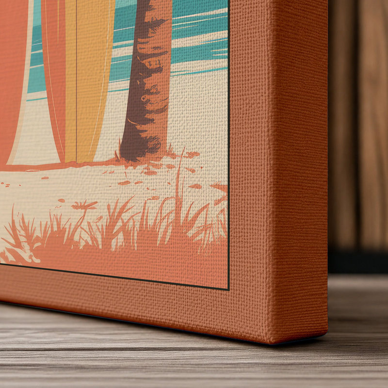 Surfboards at Sunset Coastal - Wrapped Canvas, 18x12 - 45.7 x 30.5 cm, Terracotta Border