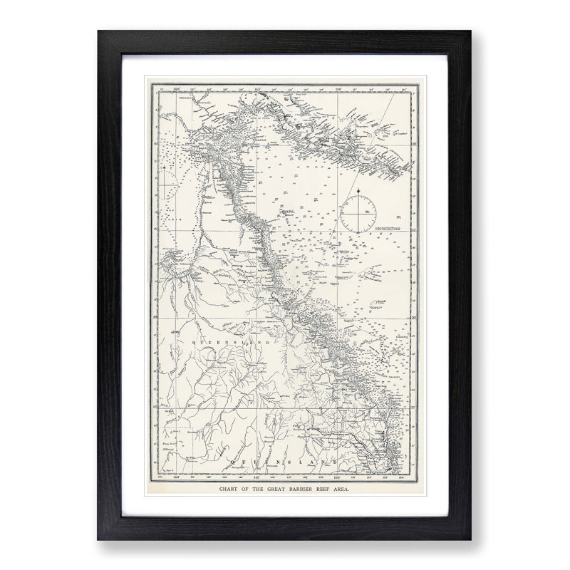 Map Chart of the Great Barrier Reef Area - Picture Frame Drawing Print, 65cm H x 48cm W x 2cm D, Black Framed