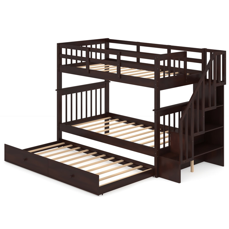 Eulah Kids Twin Over Twin Bunk Bed with Trundle with Drawers, Espresso