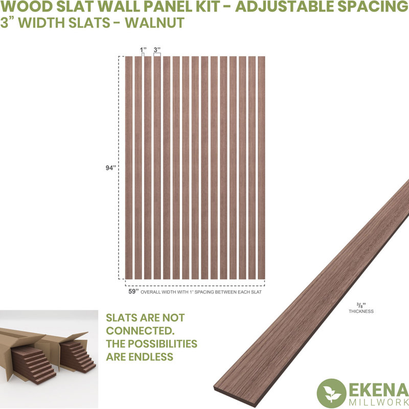 Adjustable Wood Slat Wall Panel Kit, 1"W x 47"H x 0.375"T, Walnut
