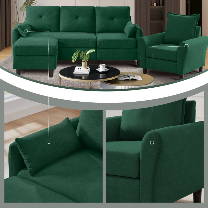 Green Polyester Blend 3-Piece Convertible Sectional Sofa Set