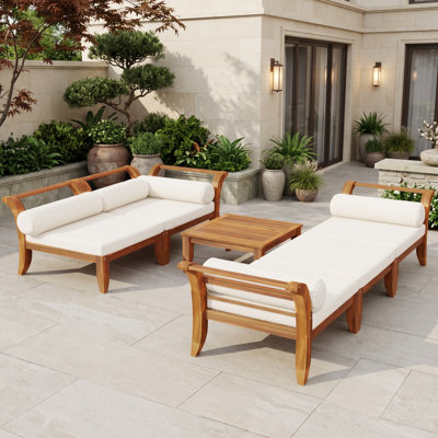 6-Piece Acacia Wood Patio Sectional Sofa and Daybed Set with Ottoman, Coffee Table and 4.9-Inch Cushions, Beige