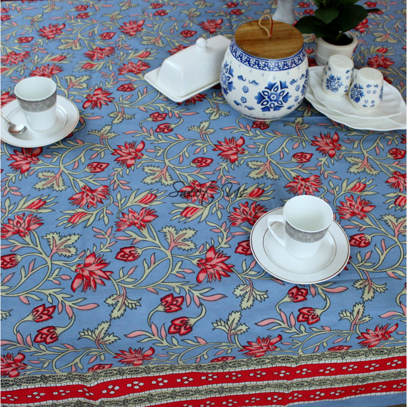 Lataif Rectangle Floral Cotton Tablecloth, Soft Blue